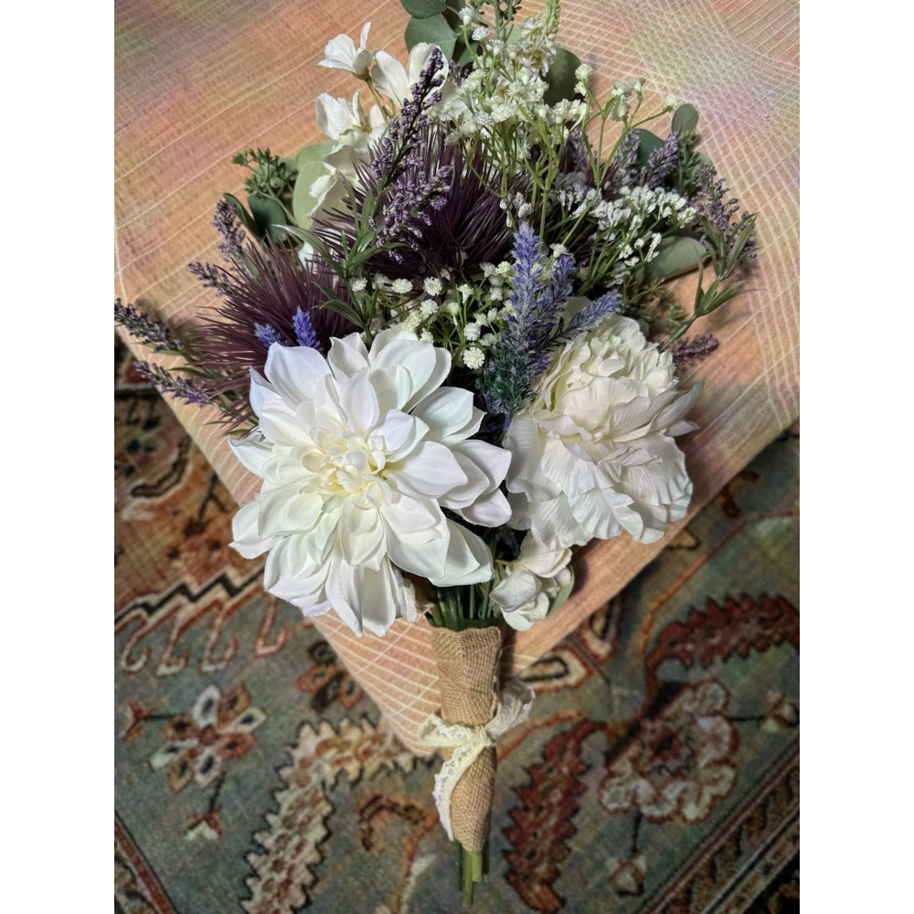Bridal Bouquet BOHO Purple White And Green 17" Long